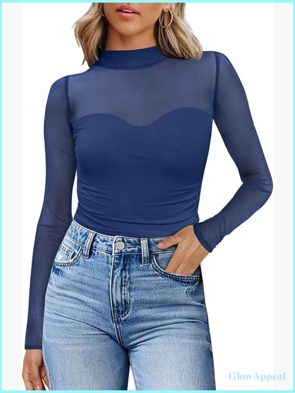 Mesh Long Sleeve Turtleneck Sheer Going Out Top Ruched Blouse
